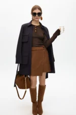 Faux suede mini skirt with slit camel