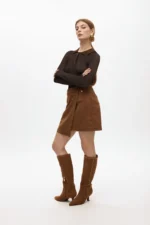 Faux suede mini skirt with slit camel - Image 5