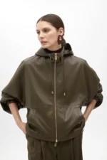 Faux leather hooded bomber jacket with batwing sleeves