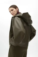 Faux leather hooded bomber jacket with batwing sleeves - Image 3