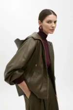 Faux leather hooded bomber jacket with batwing sleeves - Image 2