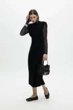 Long velvet dress with transparent sleeves