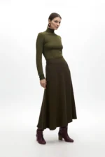 Crepe midi skirt flared khaki
