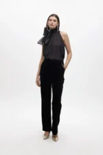 Straight fit velvet suit trousers with faux leather details black