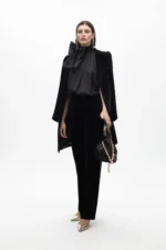 Straight fit velvet suit trousers with faux leather details black - Image 7