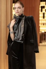 Straight fit velvet suit trousers with faux leather details black - Image 6