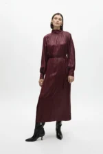 High neck waxed-effect dress with belt
