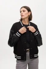Bomber jacket featuring rhinestone and faux leather details - Image 3