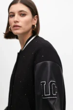 Bomber jacket featuring rhinestone and faux leather details - Image 2