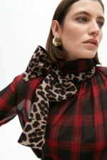 Shirt with tie and contrast tartan and animal print - Image 6