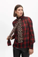 Shirt with tie and contrast tartan and animal print - Image 4