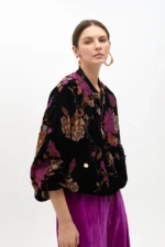 Floral print devoré velvet bomber jacket