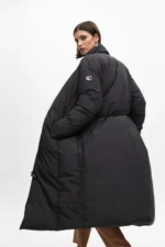 Puffer coat with drawstring belt and wrap-around collar black - Image 4
