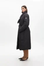 Puffer coat with drawstring belt and wrap-around collar black - Image 2