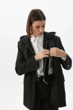 Pinstripe blazer with detachable hood and round studs - Image 5