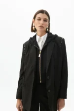 Pinstripe blazer with detachable hood and round studs