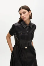 Faux leather flared dress with belt - Image 3