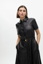 Faux leather flared dress with belt - Image 2