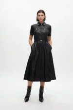 Faux leather flared dress with belt