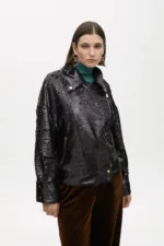 Sequinned biker jacket black