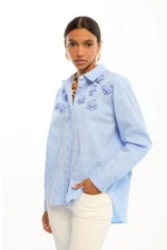 Striped Poplin Shirt with Shoulder Flowers - Image 2