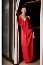 Ruffled V-Neck Red Dress