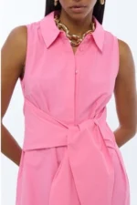 Sleeveless Knot Detail Poplin Shirtdress Pink - Image 6
