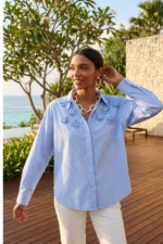 Striped Poplin Shirt with Shoulder Flowers - Image 6