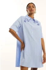 Short Embroidered Floral Striped Poplin Dress - Image 3