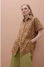 Oversized short sleeved shirt with perforated detailing Camel