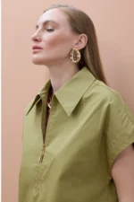 V-neck Zip Shirt Khaki - Image 2