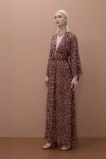 Wide sleeve long printed dress with adjustable belt