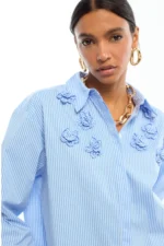 Striped Poplin Shirt with Shoulder Flowers - Image 3