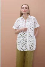 Oversized short sleeved shirt with perforated detailing White - Image 4