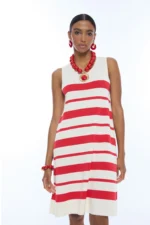 Short Knitted Dress with Wide Straps A-line Irregular Stripe Red-Ecru - Image 5