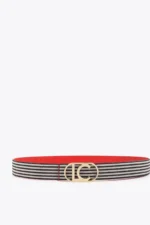 Reversible Coral and Striped Canvas Belt with Oval LC Logo Buckle - Image 5