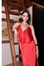 Ruffled V-Neck Red Dress - Image 2
