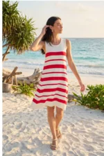 Short Knitted Dress with Wide Straps A-line Irregular Stripe Red-Ecru - Image 6