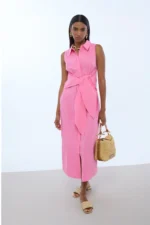 Sleeveless Knot Detail Poplin Shirtdress Pink - Image 2