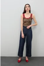 Denim culotte with leopard detail on pockets