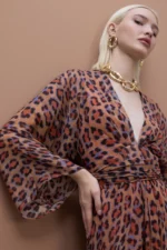 Wide sleeve long printed dress with adjustable belt - Image 6