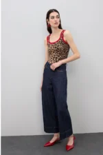 Denim culotte with leopard detail on pockets - Image 7