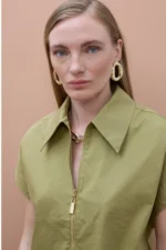 V-neck Zip Shirt Khaki - Image 4