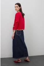 Long Denim Skirt with Leopard Trim Details on Pockets - Image 7