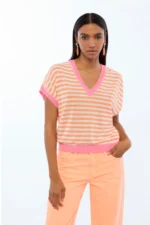 Short Sleeve Bicolor Striped Sweater - Image 3