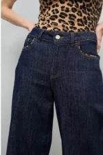 Denim culotte with leopard detail on pockets - Image 4
