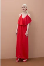 Ruffled V-Neck Red Dress - Image 3