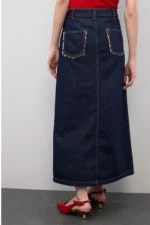 Long Denim Skirt with Leopard Trim Details on Pockets - Image 6