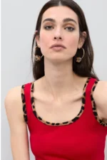 Red Top with Animal Print Rib Contrast - Image 3