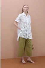 Oversized short sleeved shirt with perforated detailing White
